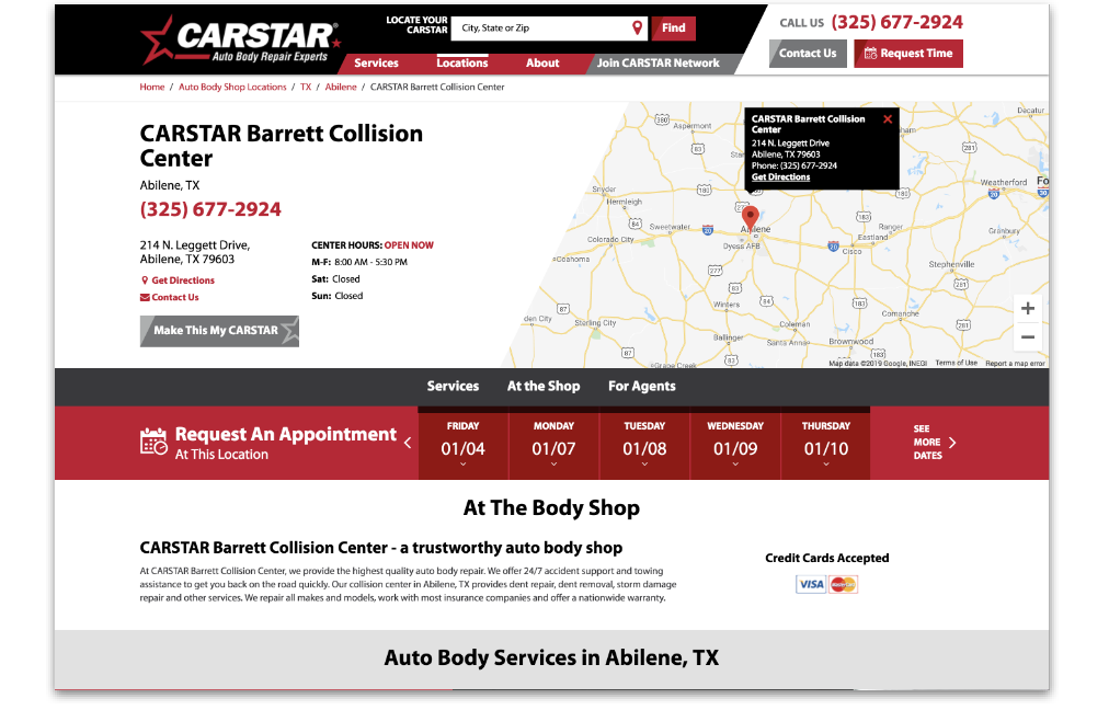 CARSTAR consumer website screenshot showing location with map and appointment request options